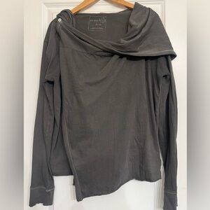 Free People Charcoal Gray Asymmetrical Top with Buttons on Right Shoulder.
